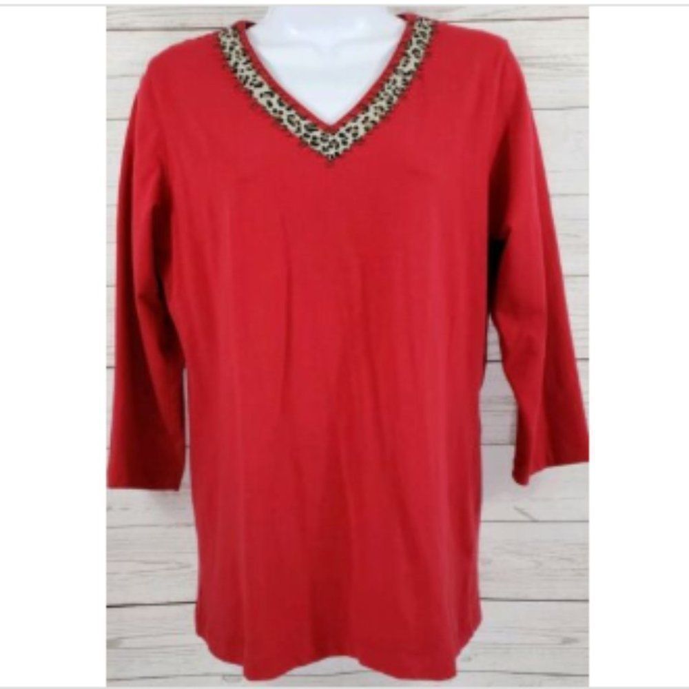 D&Co Denim & Company Top Sz Small Red Leopard